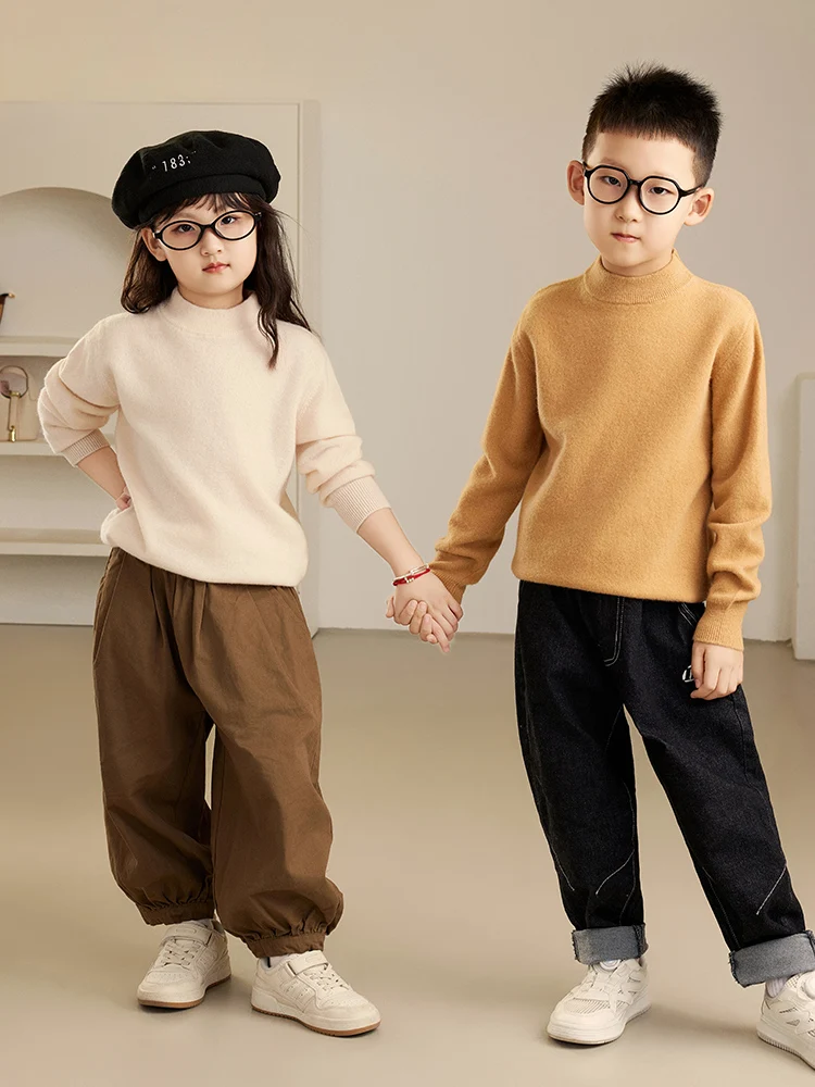 

Детский свитер из чистой шерсти, пуловер, одежда для девочек, осень-зима, плотный трикотаж из 100% мериносовой шерсти для мальчиков, однотонные детские шерстяные топы