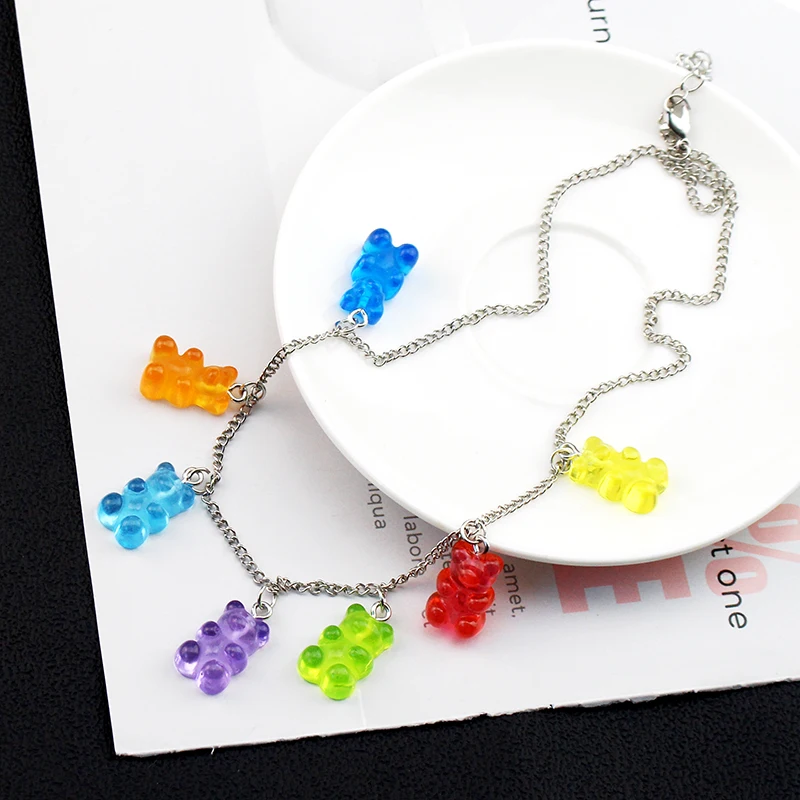 7 Colors Rainbow Bear Necklace Cute Jelly Bear Gummy Bracelet for Women Girls Punk Girl Hip Hop Resin Necklaces Women's Jewelry