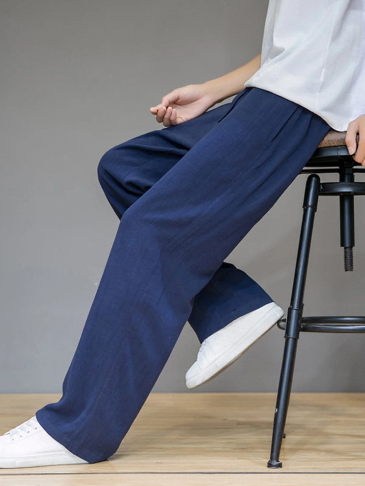 

Cobalt Blue Casual Wide Leg Linen Pants Men's Spring Summer Trendy Brand Loose Fit Long Trousers Dra Cotton Linen Sports ...