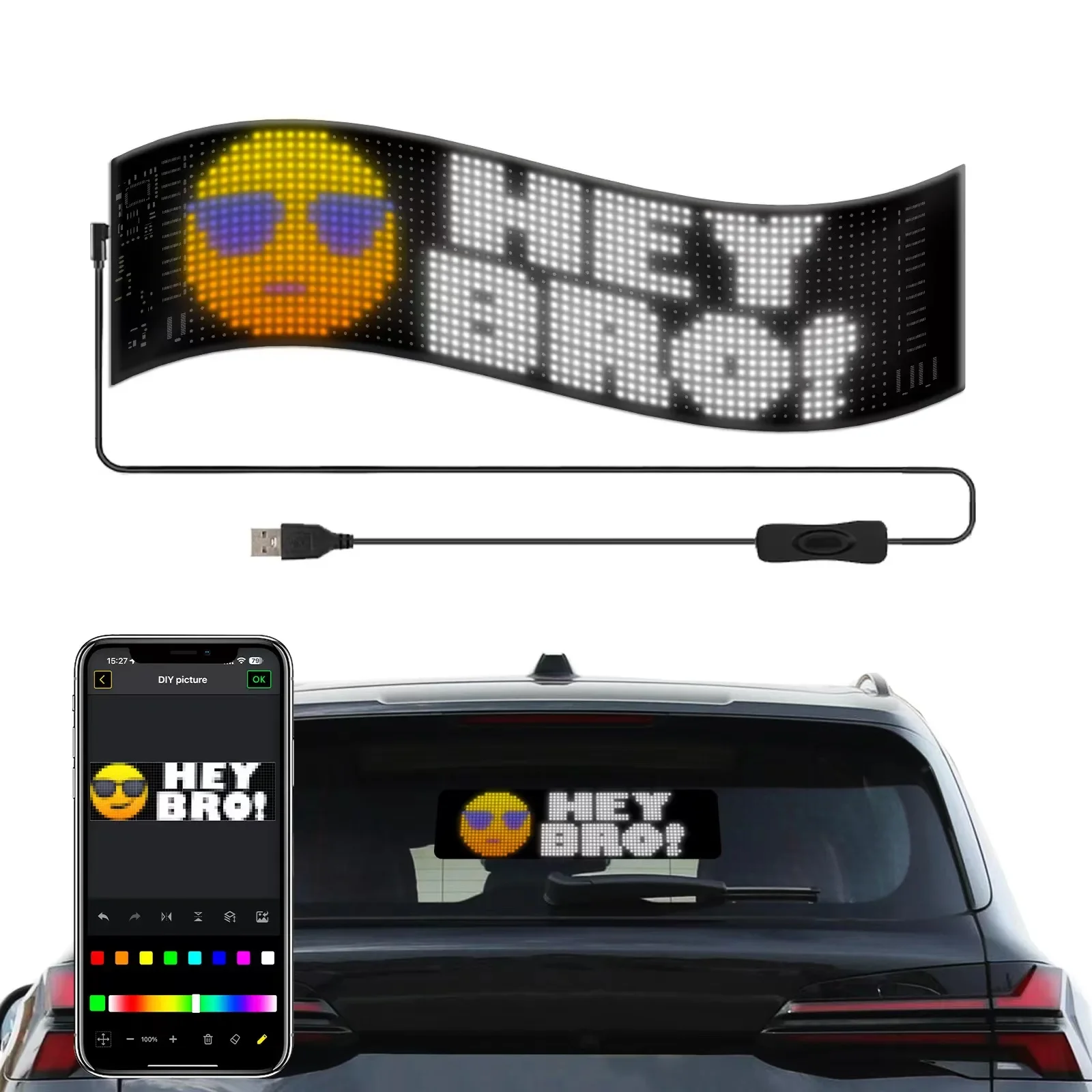 

BOTAI New Design Flexible Led Panel Advertising APP Control Car Window Full Color Scrolling Ultra-thin Soft Led RGB Display