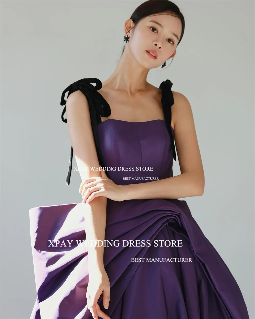 XPAY Square Neck Purple Korea Evening Dresses Customised Satin Evening Gown Photo Shoot Corset Sleeveless Birthday Party Dress