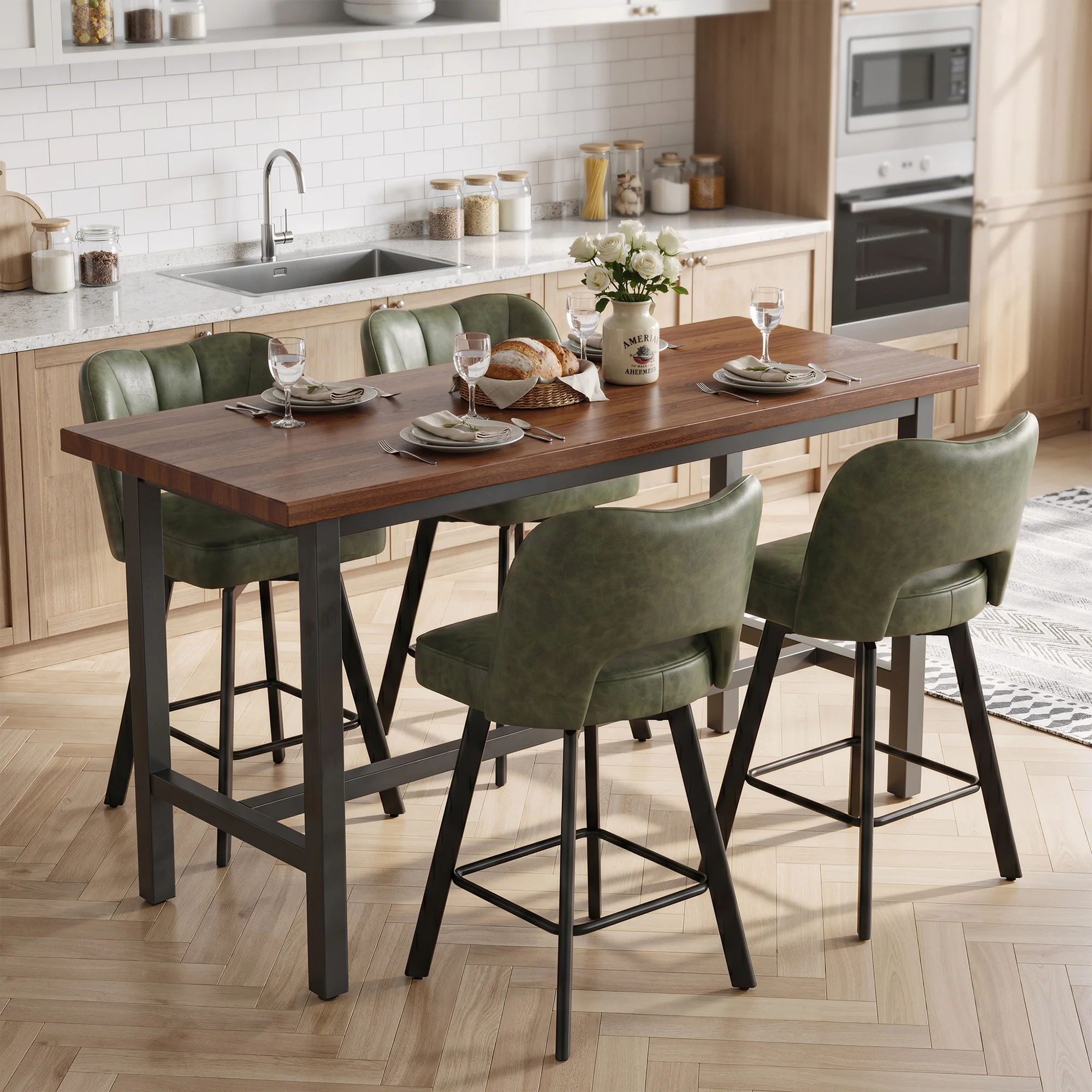 Set of 4 Bar Stools, Counter Height Bar Chairs with Curved Backrest & Footrest, Upholstered Modern Bar Stools for Kitchen Island, Black Metal Legs, Tan/Olive Green 8