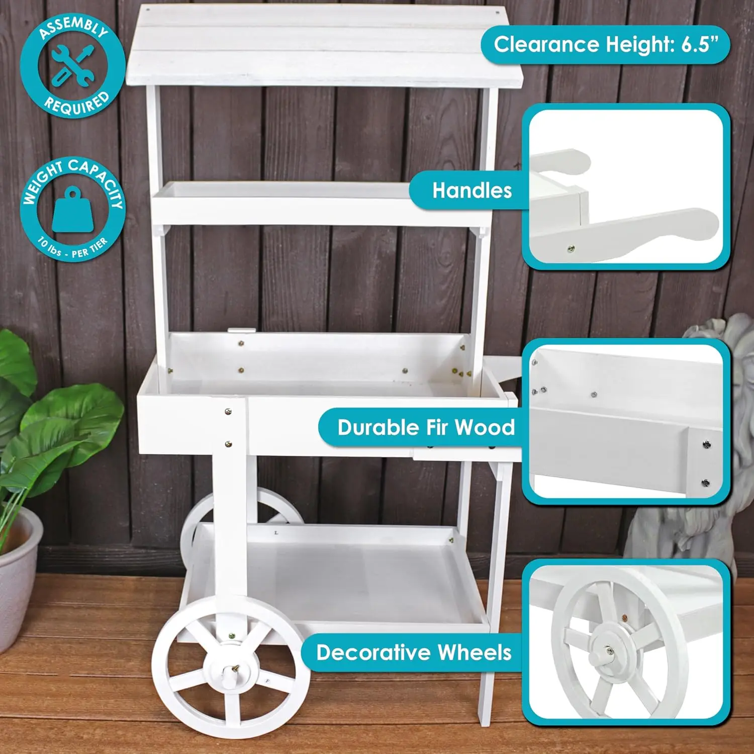 

Flower Cart Display Stand with Wheels - Dessert Candy Cart Market Flower Display Stand 2 Shelves Fir Wood White