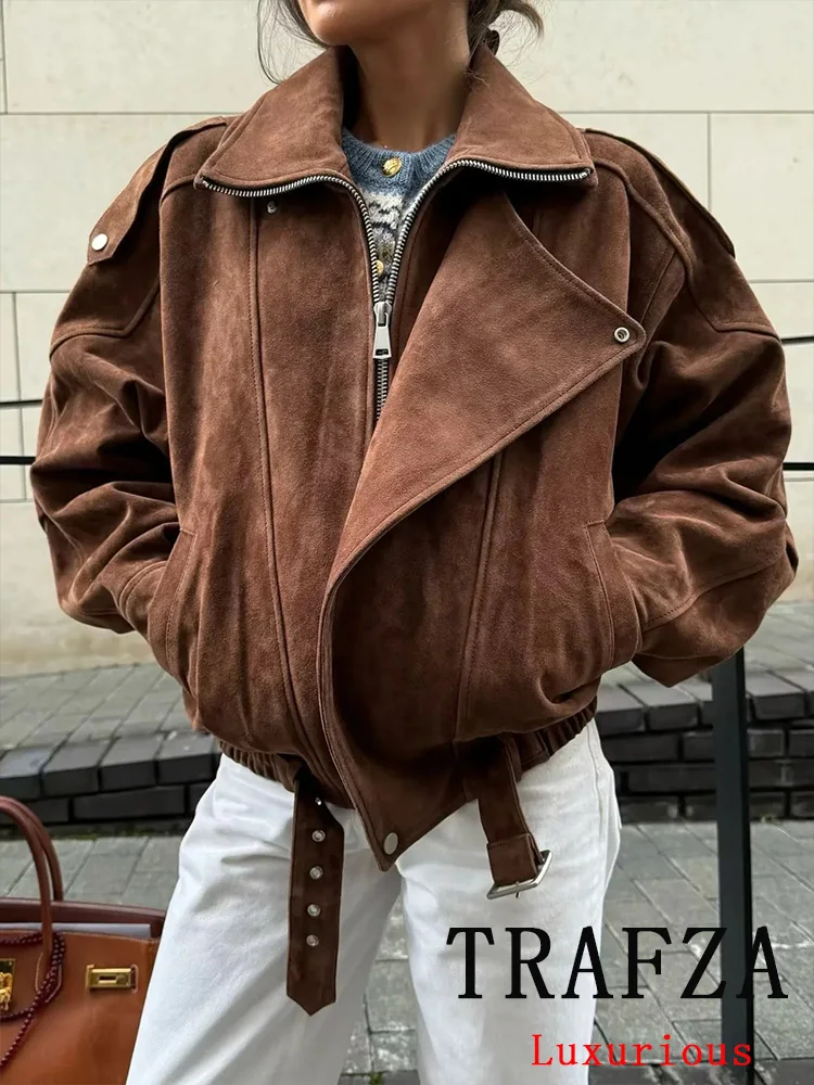 

TRAFZA Casual Chic Women Solid Jackets Long Sleeve Zipper Pockets Straight Coats New Fashion 2025 Autumn Holiday Female Coats