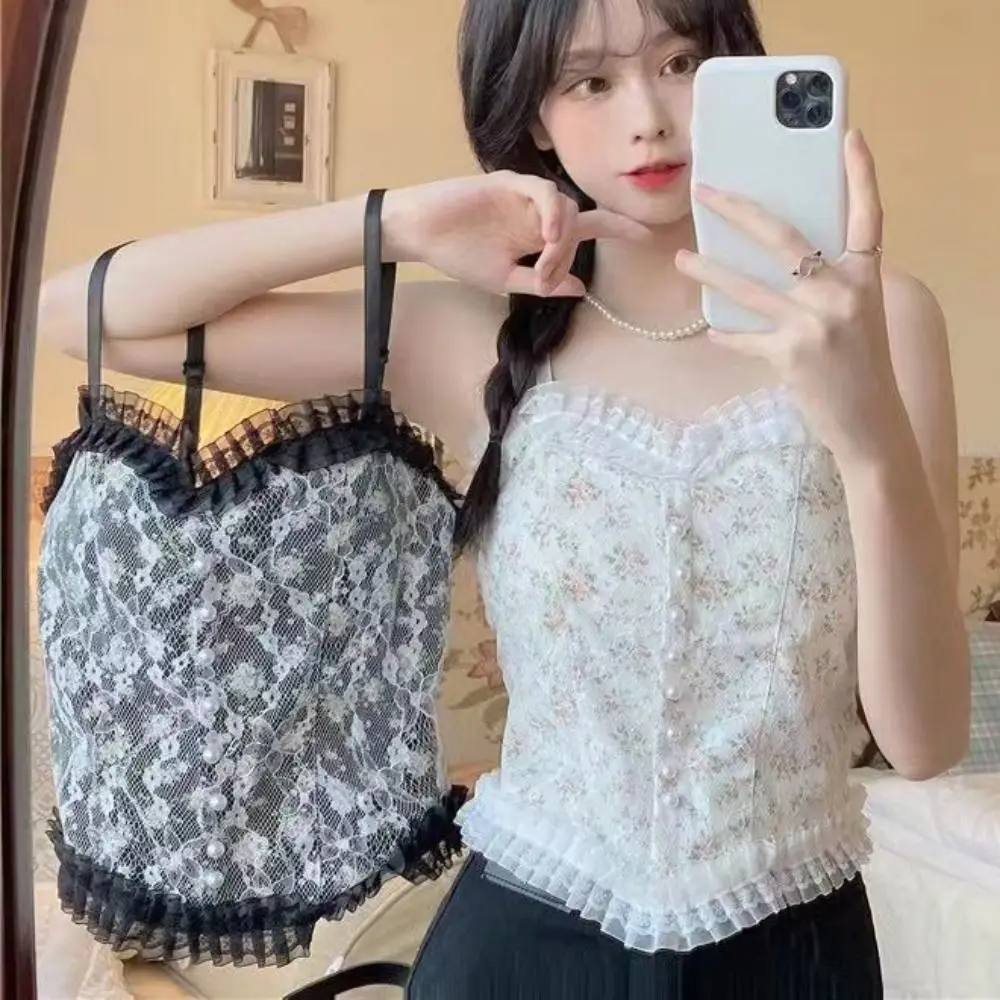 

Korean Style Lace Floral Sleeveless Crop Top Pearl Beads V Neck Women's Tank Top Vest Slim Fit Bra with Pads Camisole Summer