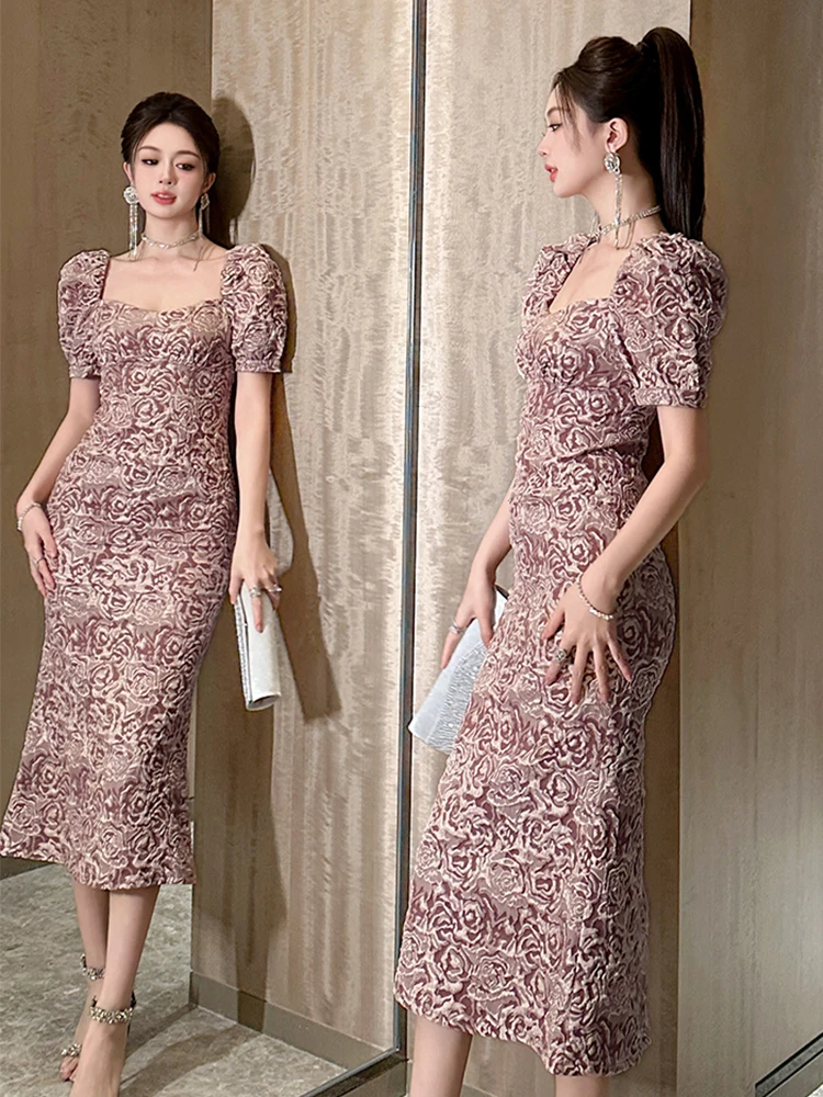 ชุดเดรสยาวปานกลางสไตล์หรูหราสำหรับผู้หญิง แขนพองทรงบับเบิ้ล ทรงหางปลา เหมาะสำหรับงานเลี้ยง งานกาล่าดินเนอร์ หรืองานปาร์ตี้