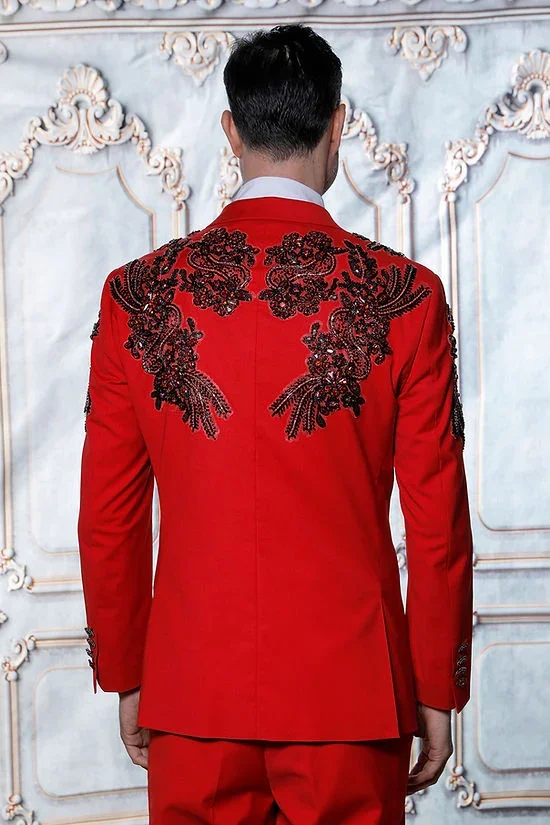 Elegante Men Two Piece Outfits Sets Customized Beaded Crystals One Button Slim Fit Tuxedos For Wedding Groom