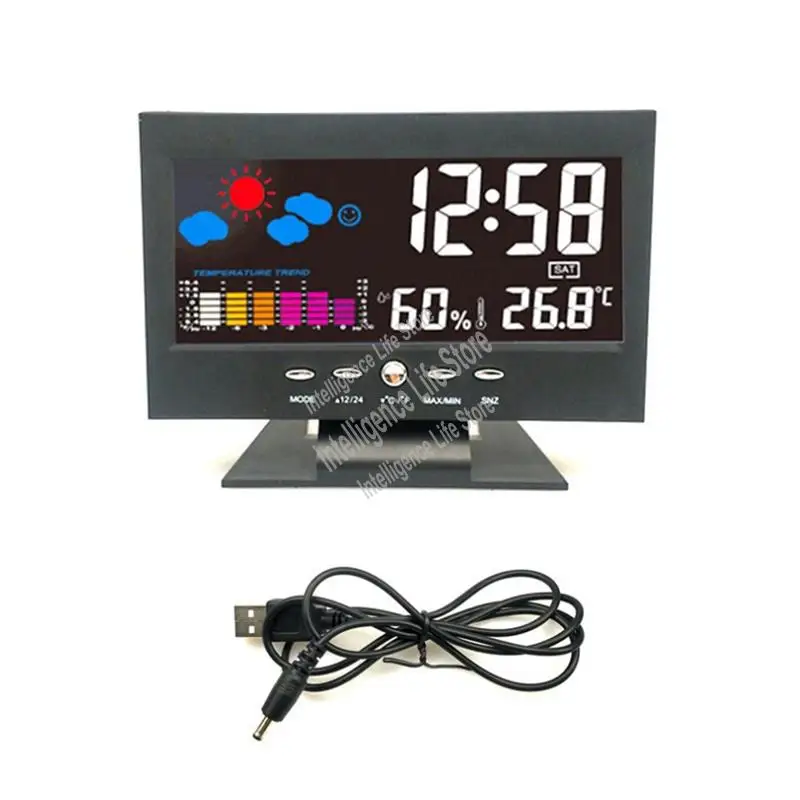 1Set Lcd شاشة ملونة غفوة الرقمية ساعة تنبيه درجة الحرارة الرطوبة الوقت تاريخ عرض ساعة المنزل الأسود-ELEC