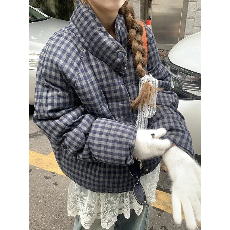 

Vintage Short Plaid Parkas Women Streetwear Stand Collar Puffer Jacket Winter Korean Down Coats Fashion Cotton Padded Outerwears