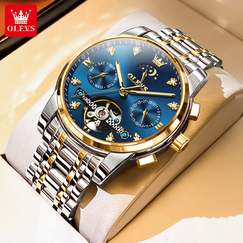 OELVS 6678 Men's Watches Luxury Original Automatic Mechanical Tourbillon Watch for Man Waterproof Luminous Date Week Moon Phase
