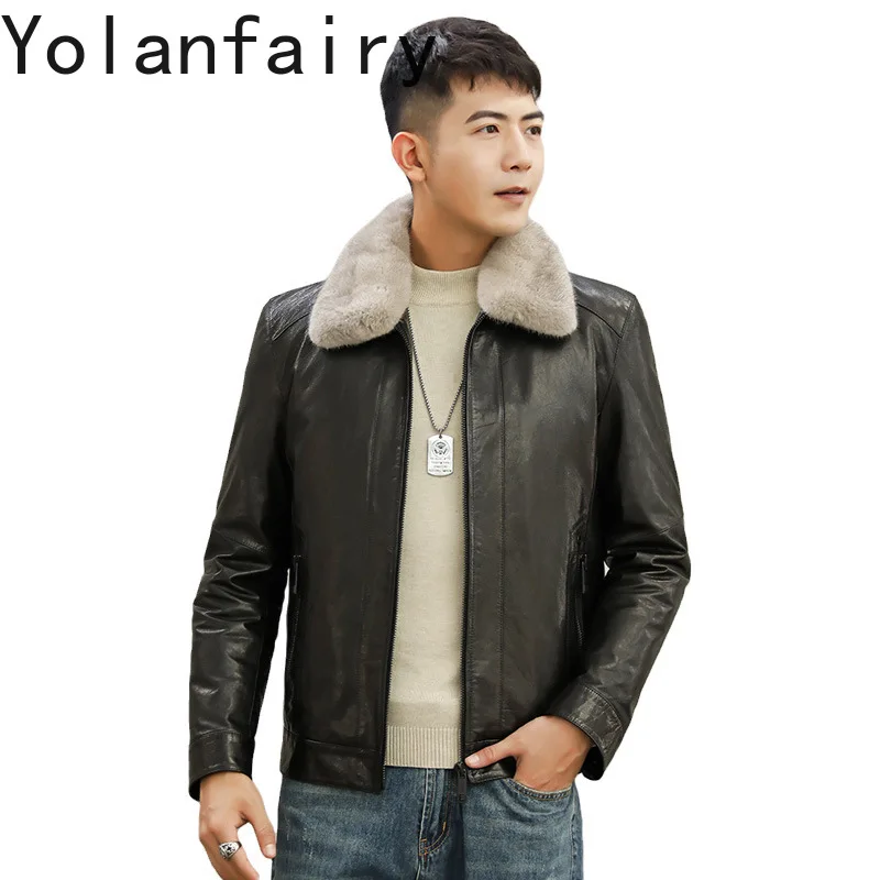 YOLANFAIRY Natural Goatskin Short Down Jacket 90% Down Winter Clothes Genuine Leather Jacket for Men Mink Fur Collar Бомбер 2024