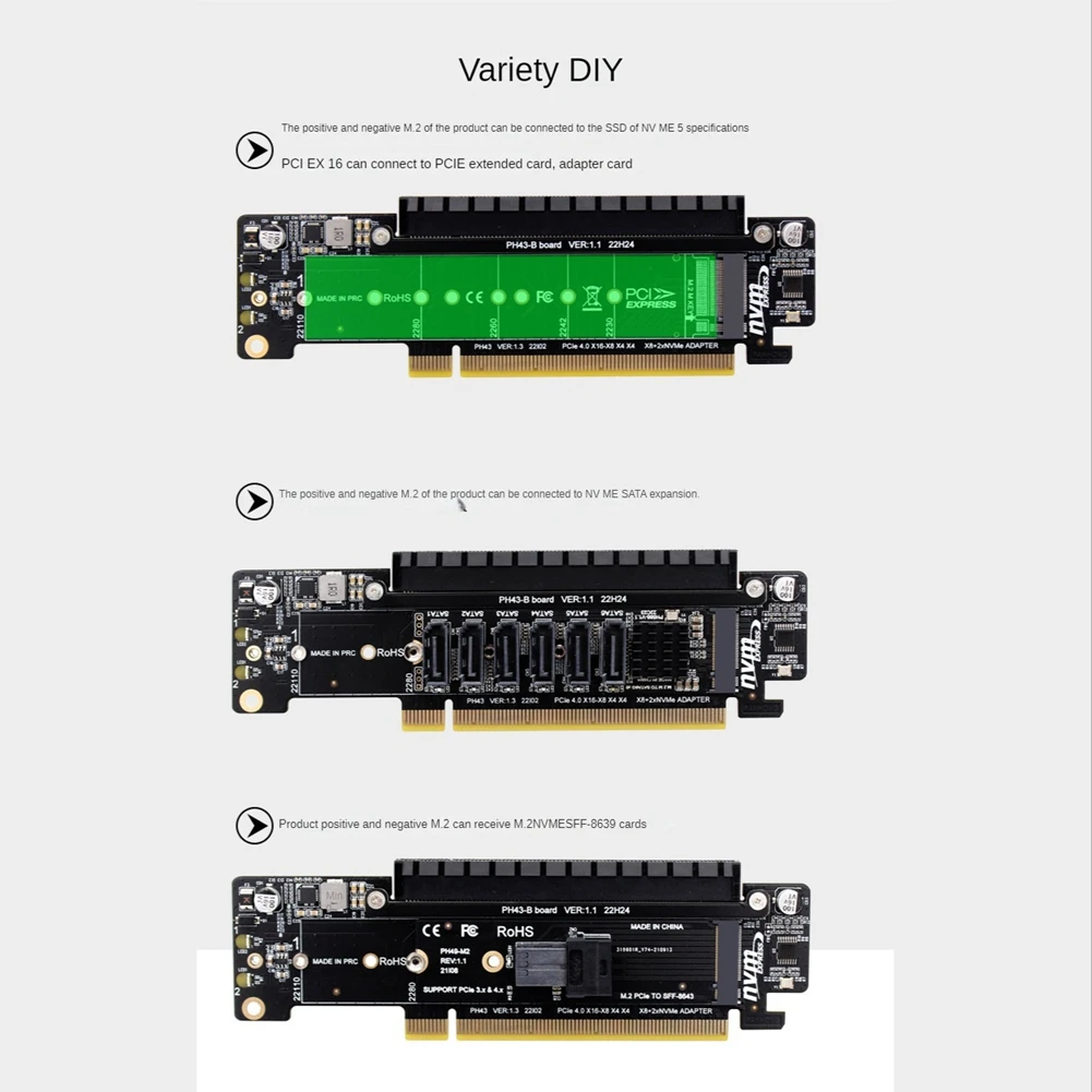 PCIE4.0 Split Expansion Riser Card PCIE X16 TO M.2 NVME SSD Adapter Card PCIE X16 to X8+X4+X4 Quad VROC .2 NVMe Port HOT