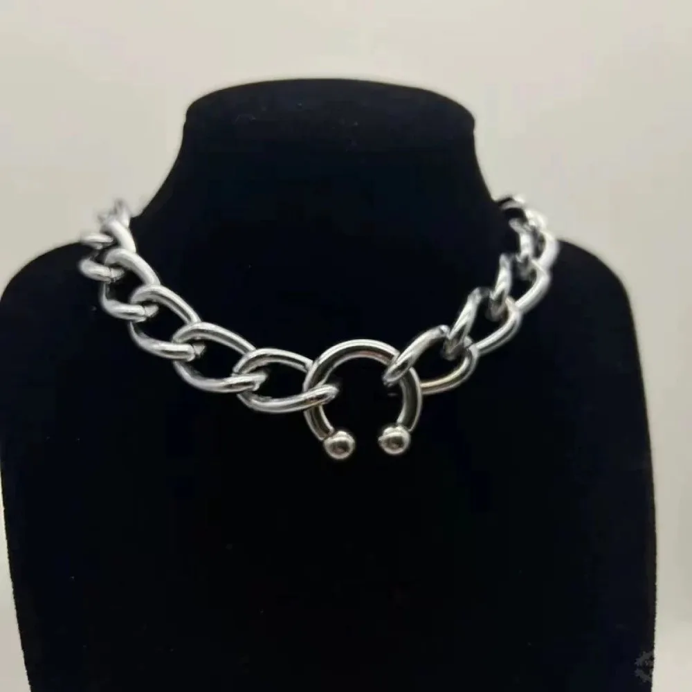 Punk Style Nose Clip Pendant Necklace Rivet Gothic Chunky Chain Choker Thick Round Ring Geometric Spiked Hooves Necklace Jewelry