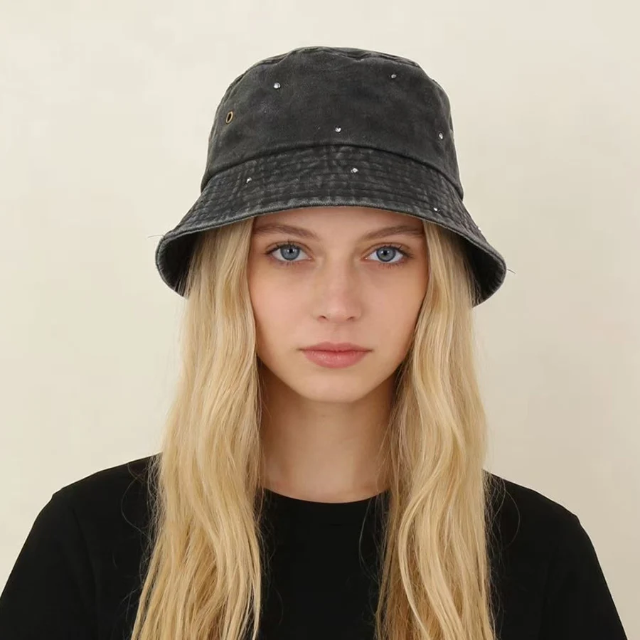 Nowy Modny Kapelusz Rybacki z Cyrkoniami Damski Vintage Prany Bawełniany Kapelusz typu Bucket Dziewczęcy Młodzieżowy Kapelusz Przeciwsłoneczny Outdoor Panama Gorros Bob Hat