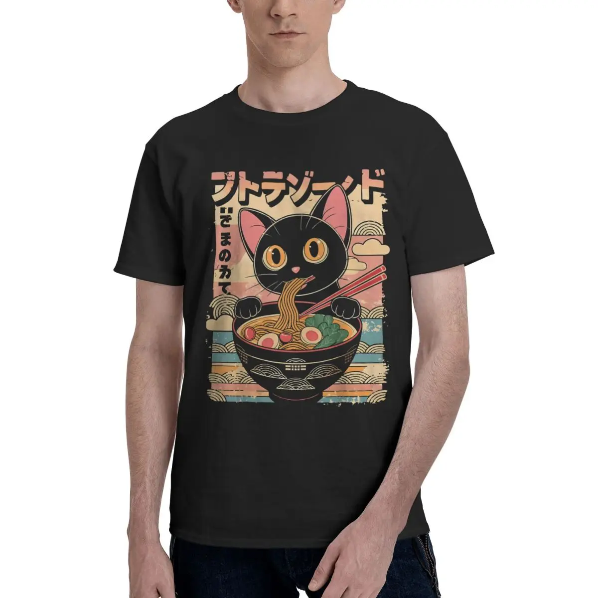 Cute Cat Ramen Art Print Graphic Cool Movement High grade Kemp T-shirts Activity competition Eur Size