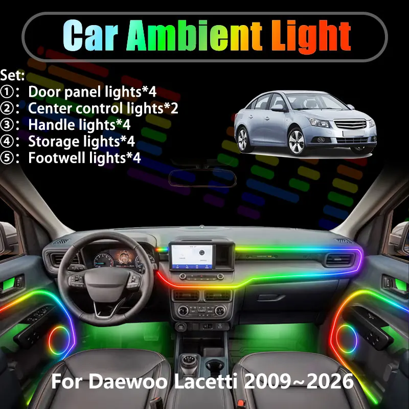 Para Daewoo Lacetti 2009~2026 MK2 2/18 en 1, Iluminación Ambiental para Auto, Luces LED Interiores para Maletero, Luces LED USB RGB, Conjunto de Piezas Streamer
