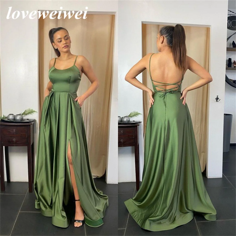 Drak verde a linha vestidos de noite colher pescoço vestido de baile de formatura vestidos de festa de cinta de espaguete alta divisão tamanho personalizado vestidos de noche