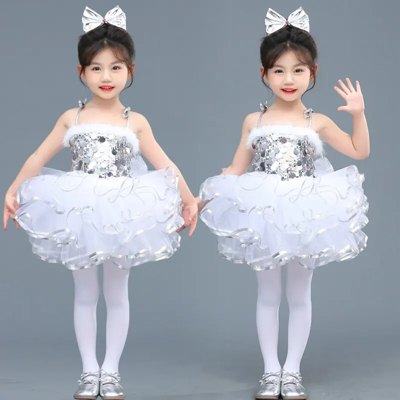 New SilverTutu Dress Sequined Puffy Tulle Gown Ballet Dance Outfit 2026 Summer Lovely Flowy Mesh Skirt Stage Soft Trendy Apparel