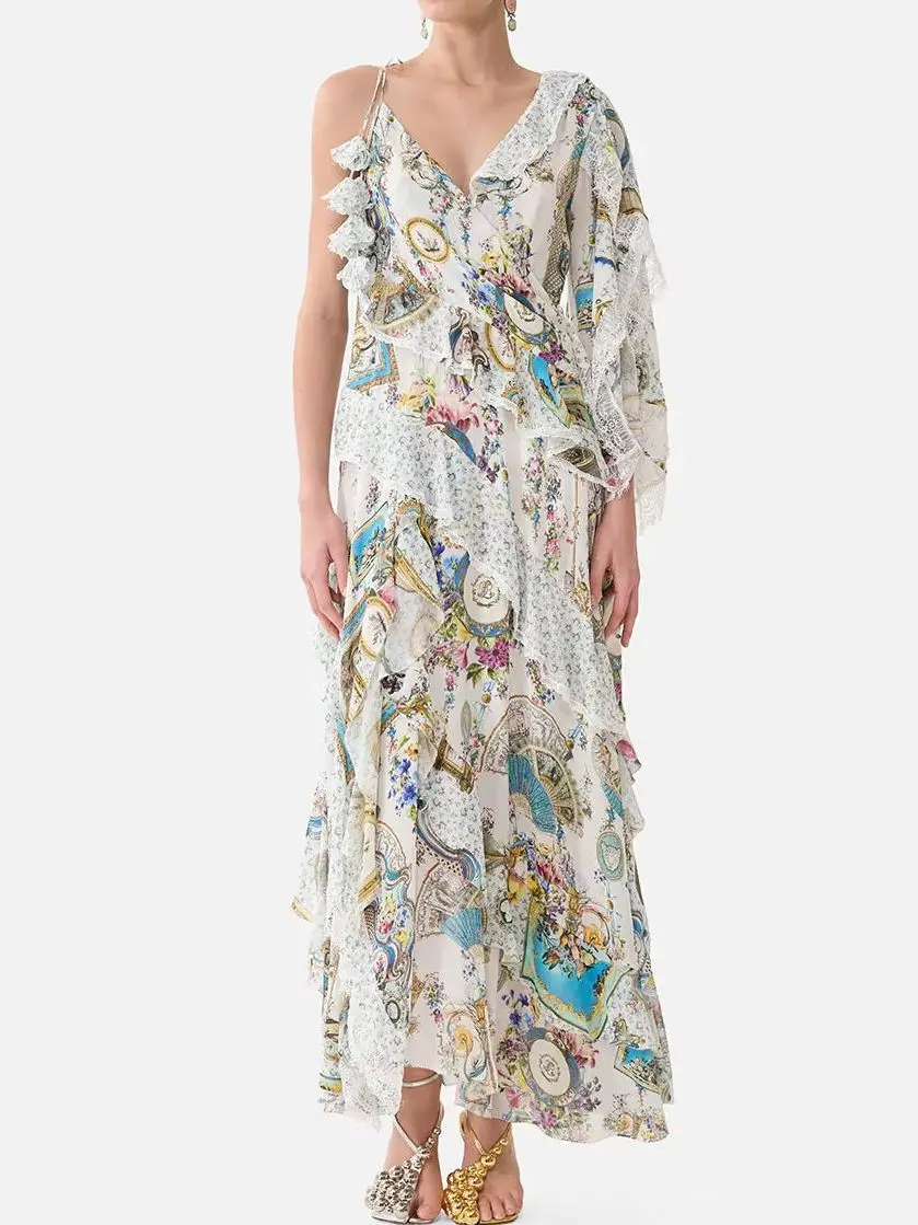 2026 Retro Print Women Asymmetry Robe Ruffles Spliced V-Neck One-Shoulder Long Sleeve High Waist Vintage 100% Silk Maxi Dress