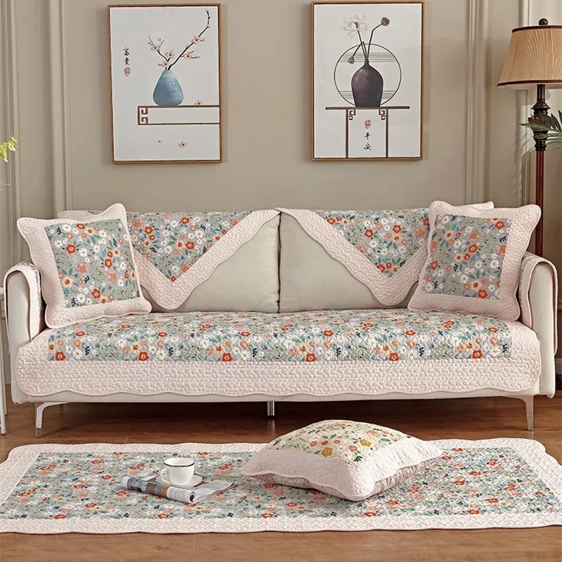 Floral Cotton Quilted Sofa Covers for Living Room, Non-Slip Sofa Back Towel, Couch Mat Cushion Cover, Furniture Case, Four Seaso