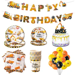 Construction Themed Disposable Paper Plates Napkins Cups Cake Topper Excavator Dump Truck Pattern Kids Birthday Party Decoration