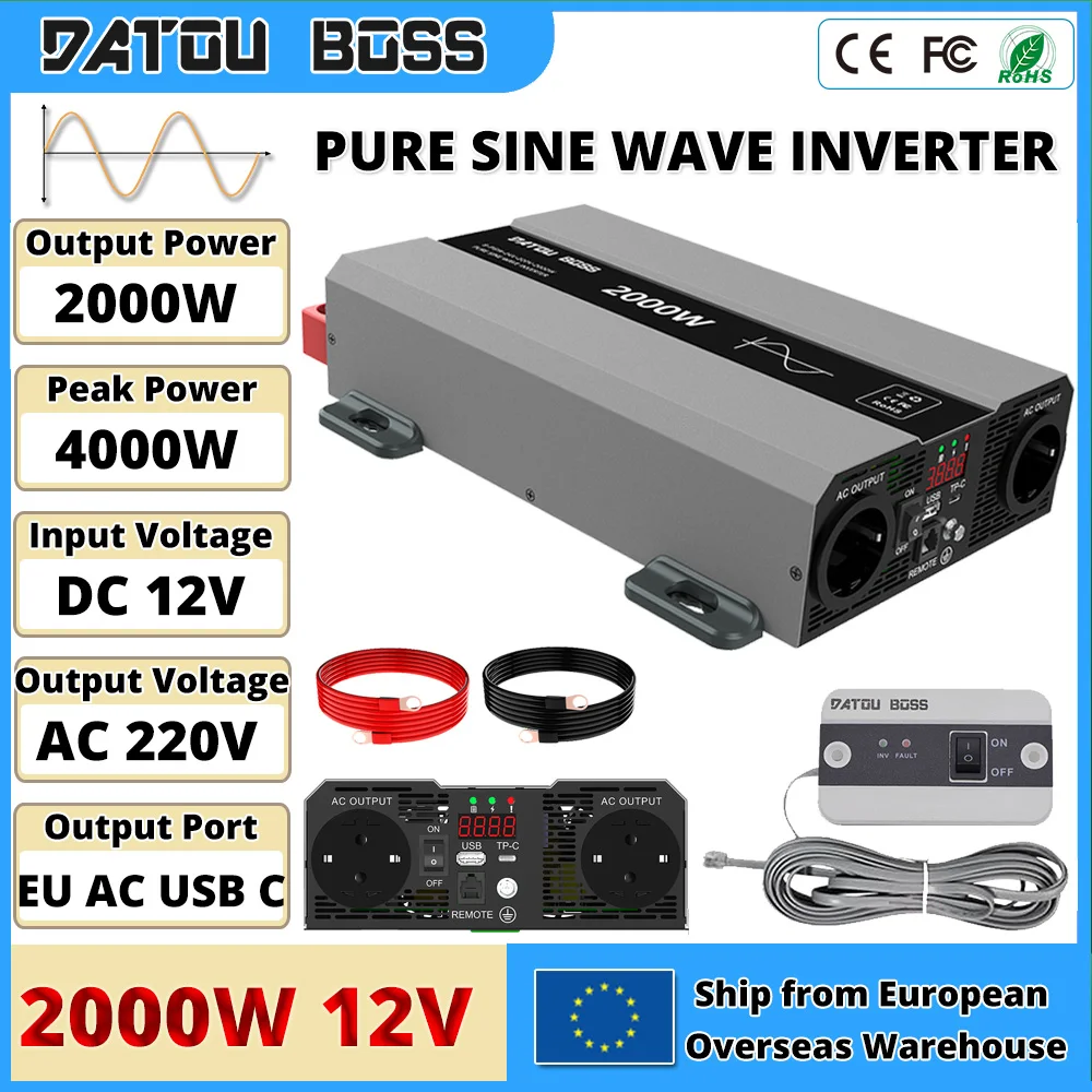 Inverter DATOUBOSS 2000W a Onda Sinusoidale Pura, Convertitore da 12V DC a 220V AC, Portatile per Camper, Auto e Casa, con Presa USB AC e Display LCD