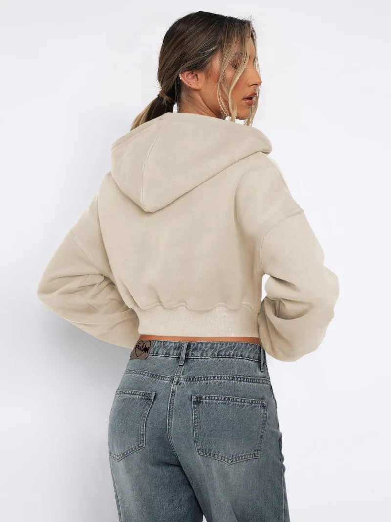 Women'S Casual Solid Colour Short Zip Hoodie Drawstring Hooded Sweatshirt Loose Hooded Zipper Sweatshirt Fashion Outerwear Y2k