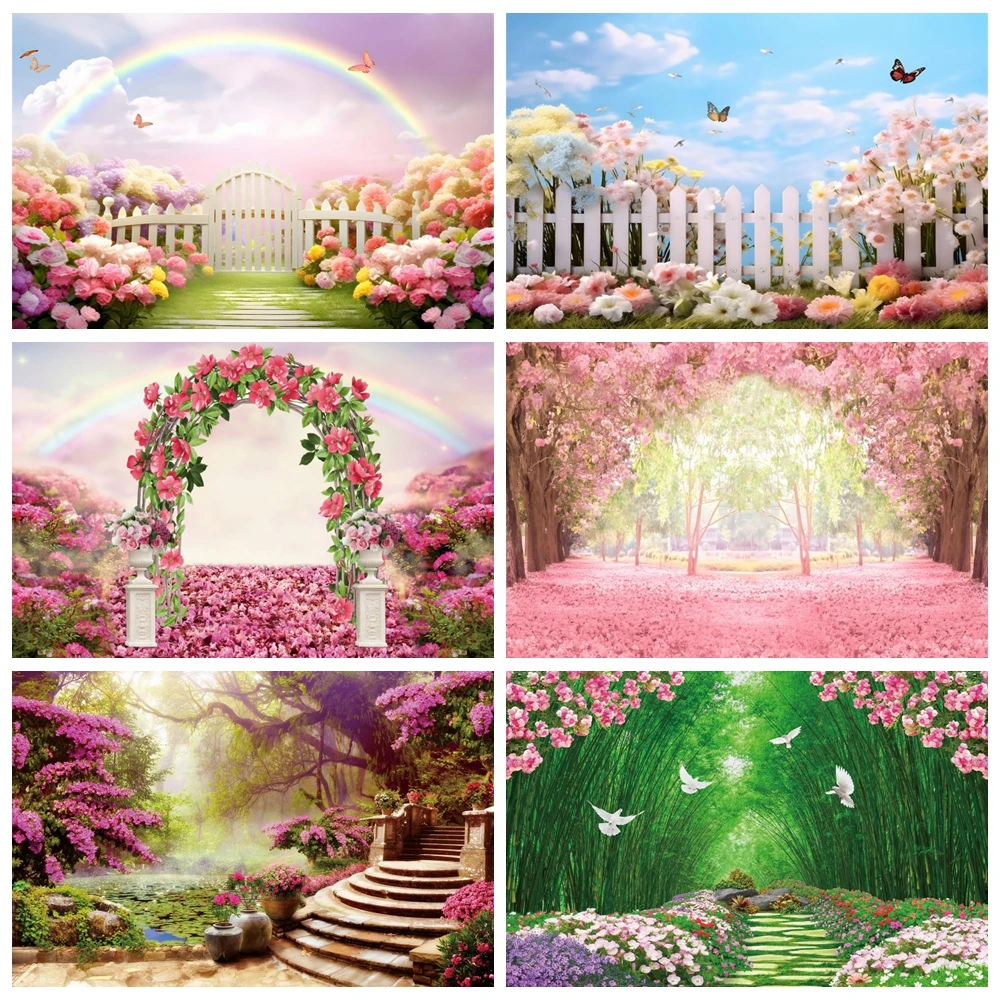 Spring Natural Scenery Photography Backdrop Blooming Flower Garden Forest Landscape Baby Birthday Wedding Photo Background Decor