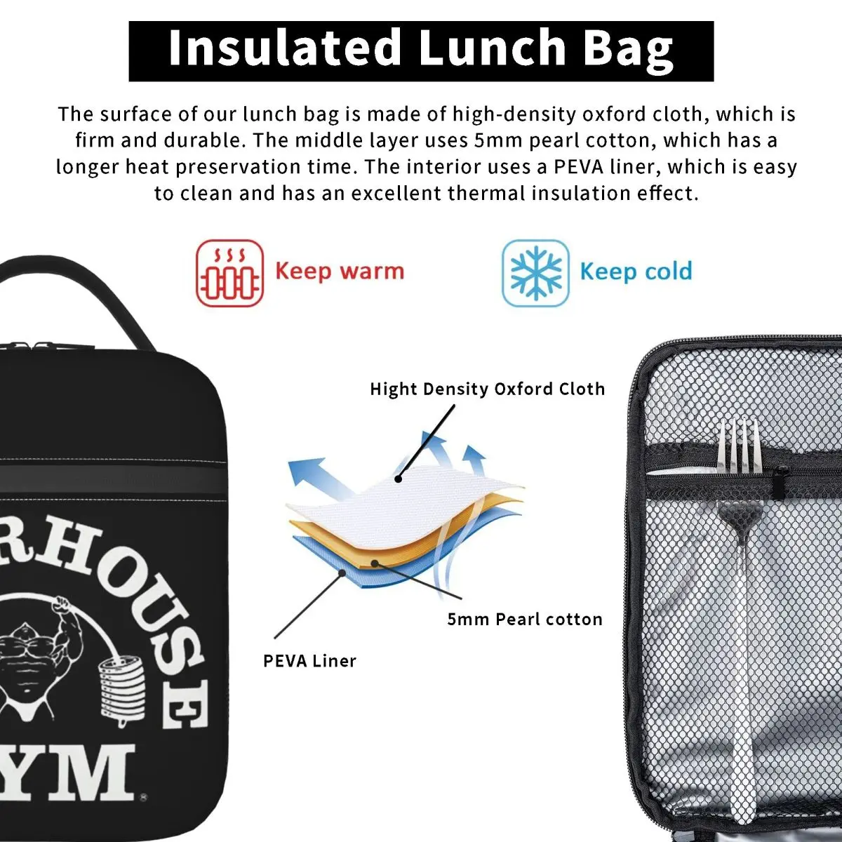 Powerhouse Gym Fitness Building Muscle Insulated Lunch Bag for Women Kids Portable Food Boxes Thermal Lunch Box Tote