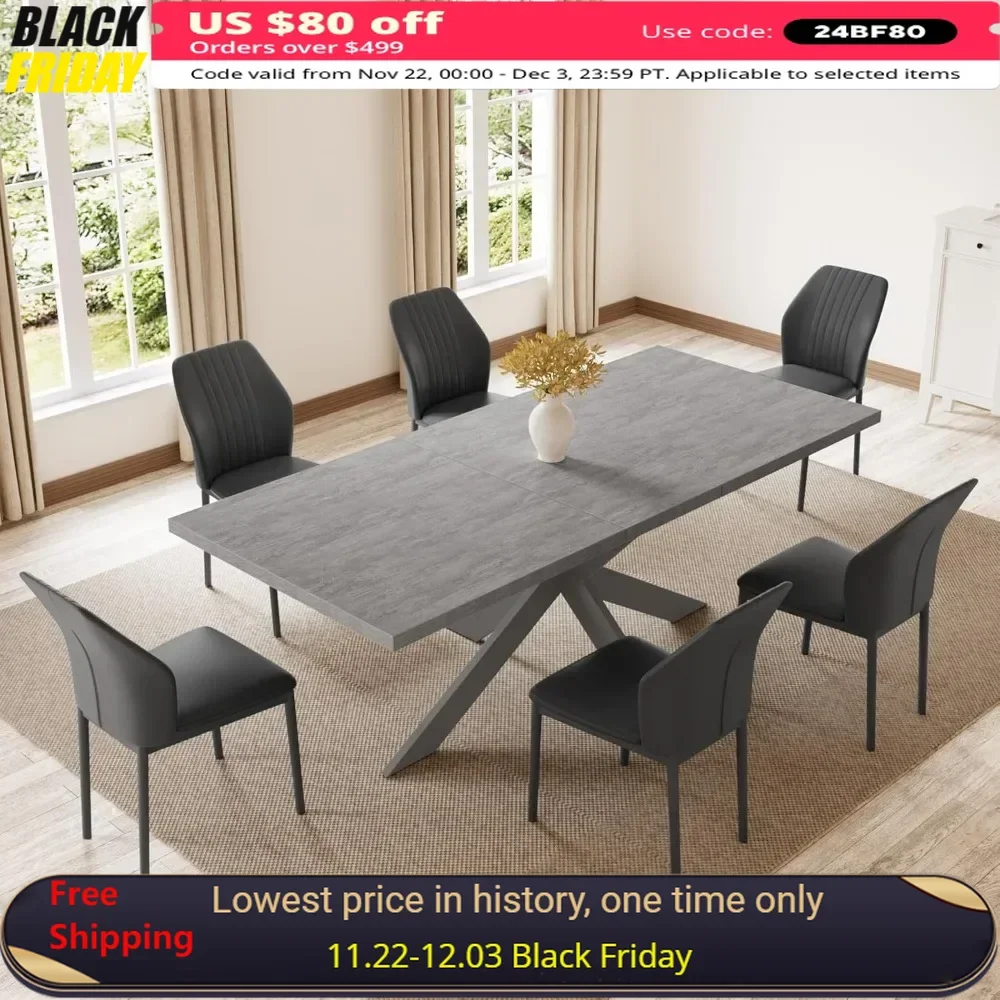 

Dining Table Set of 6-8 People, Rectangular Space-Saving Expandable Tables, Metal Frame Wood Dining Table & 6 Upholstered Chairs