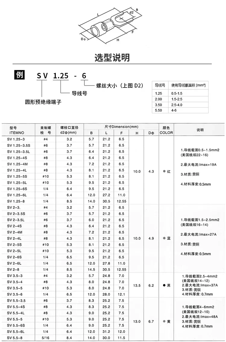 50Pcs SV Type Wire Spring Terminal SV1.25 SV2 Fork U Y PVC Insulate Ferrules Block Spade Cold Press Cable End Crimp Connector