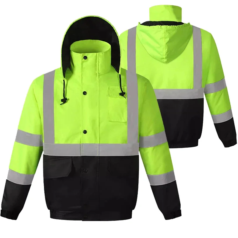 Winter Hi Vis Safety Coat, Cotton Safety Workwear with Pockets and Zipper, Traffic Highway Rain Coat, Men's Warning Coat