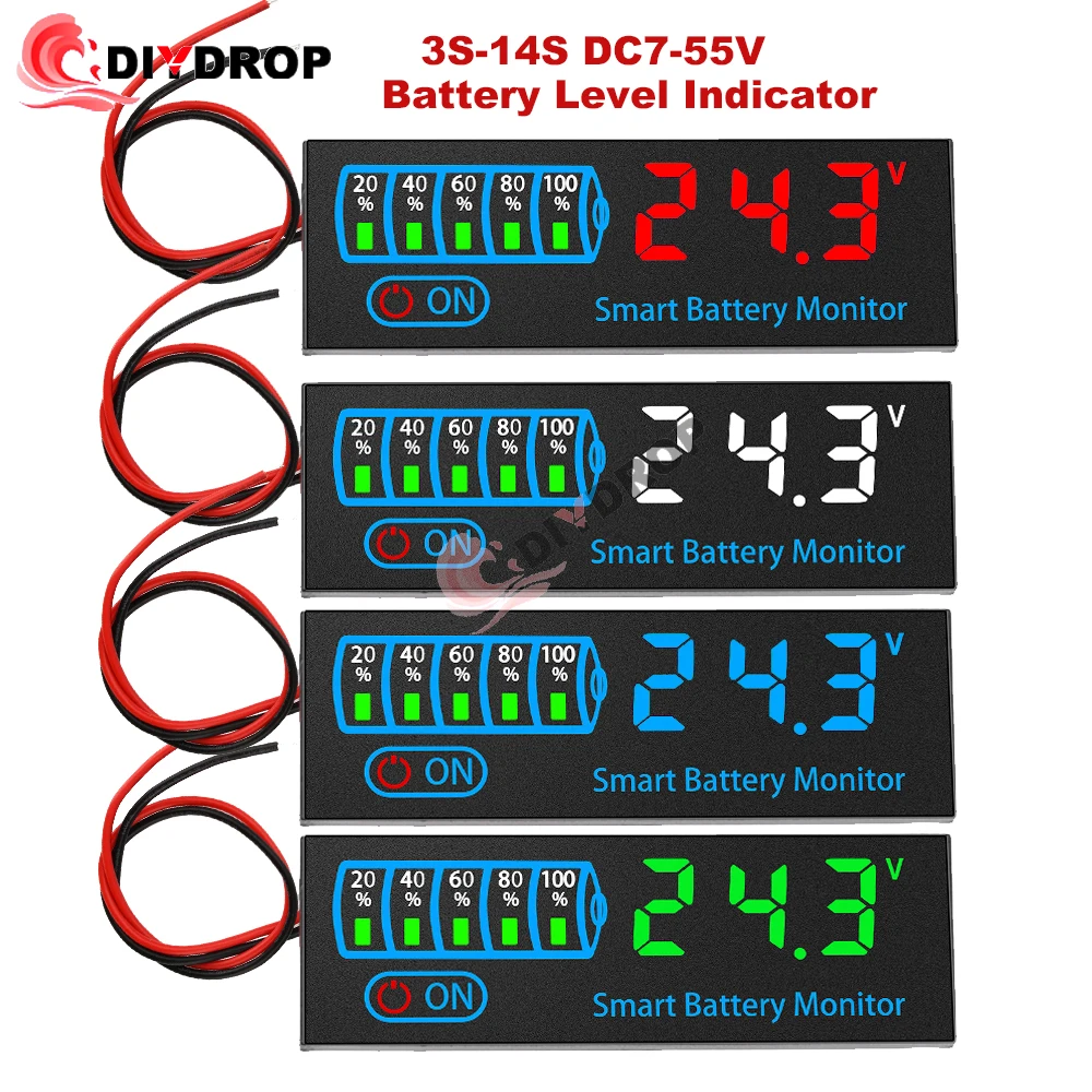 3S-14S DC7-55V Battery Level Indicator 12V 24V 36V 48V 18650 Lipo Lithium Battery Capacity Board Voltage Battery Charging Tester