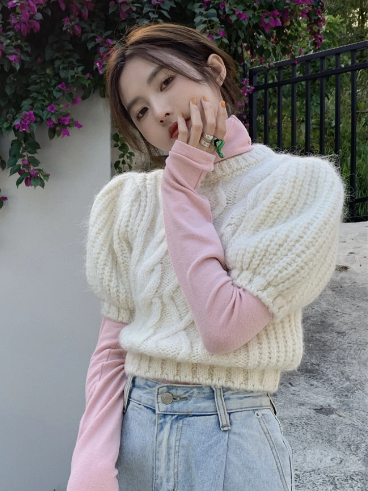 Short Sleeve Pullovers Women Casual Sweaters Elegant Lovely Knitwear Autumn Clothing All-match Cropped Aesthetic Females Chic