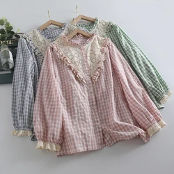 Embroidered Plaid Lace Long Sleeve Shirt Women Japanese Sweet Lace Round Neck Single Breasted Blouse Autumn New Mori Girl Tops