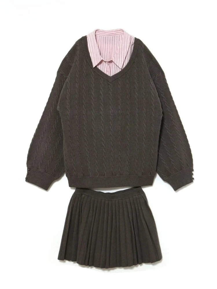 

Японские новые костюмы в стиле преппи, повседневное вязаное женское платье, свитера с v-образным вырезом, многослойный комплект, рубашка в полоску, плиссированная короткая юбка с высокой талией