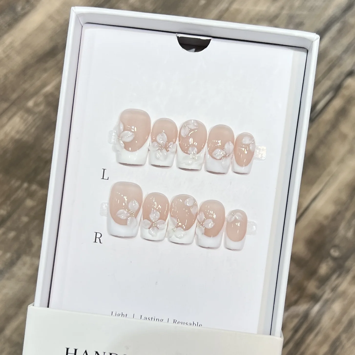 10Pcs Handmade Pink Mid-length Square Fake Nails with White Edge,Fully Covered Acrylic False Nail Flower Decor Press On Nails