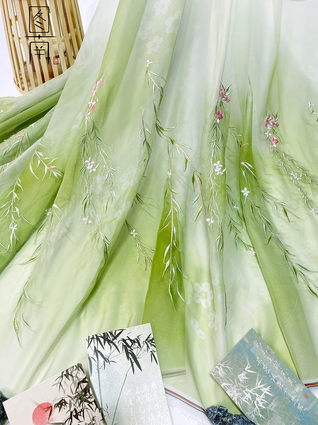 Chinese stlye  blue green Willow leaves Embroidery  Chiffon Printed fabric for DIY dress 1order=1pc(size:100x150cm)