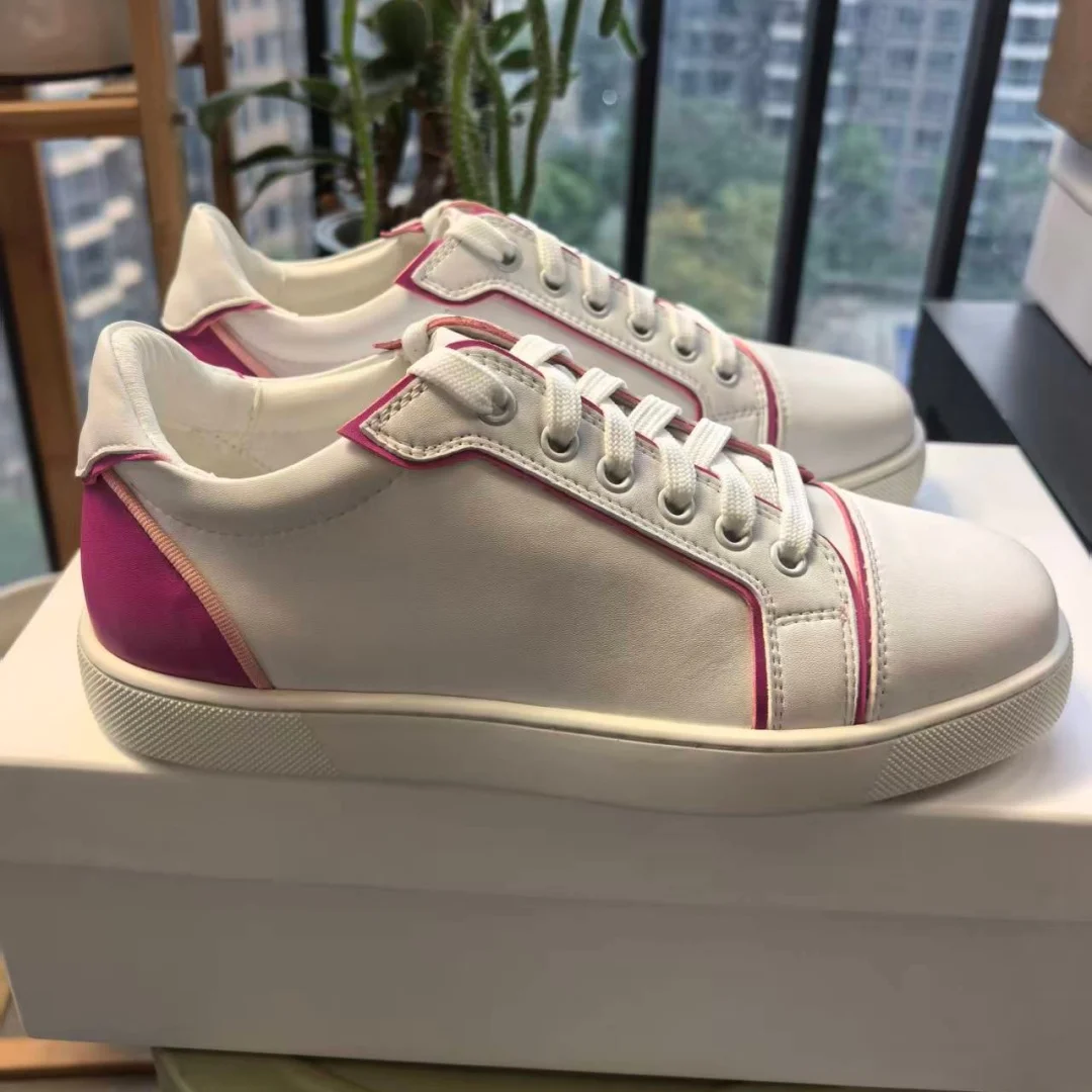 

White Patent Leather Patchwork Back Rose Red Sewing Casual Sports Shoes For Women Men Round Toe Lace-Up Red Sole Unisex Sneakers