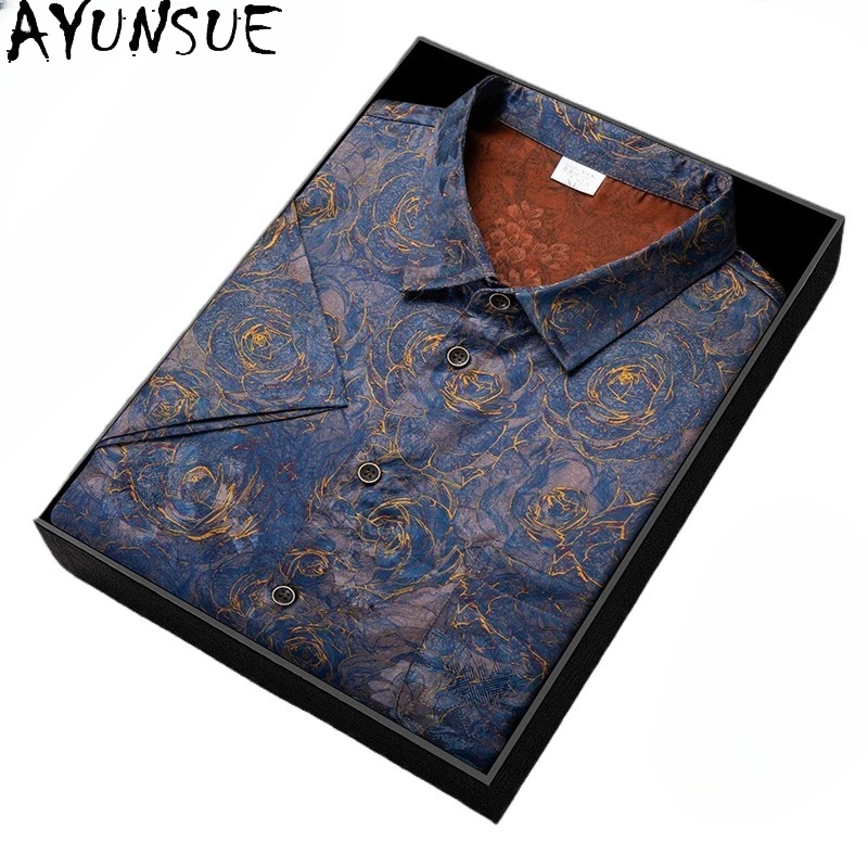 

AYUNSUE 100% Real Mulberry Silk Shirts for Men Clothing 2026 Summer Fashion Xiangyunsha Top Short Sleeve Shirts Casual Tee Shirt