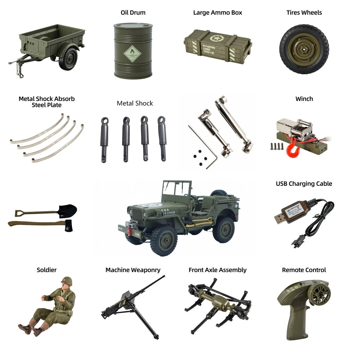 JJRC C8815 RC Car Upgrade Accessories Metal Drive Shaft Shock Steel Sheet Trailer Soldier Winch Canopy Tire Gun C8815 Part