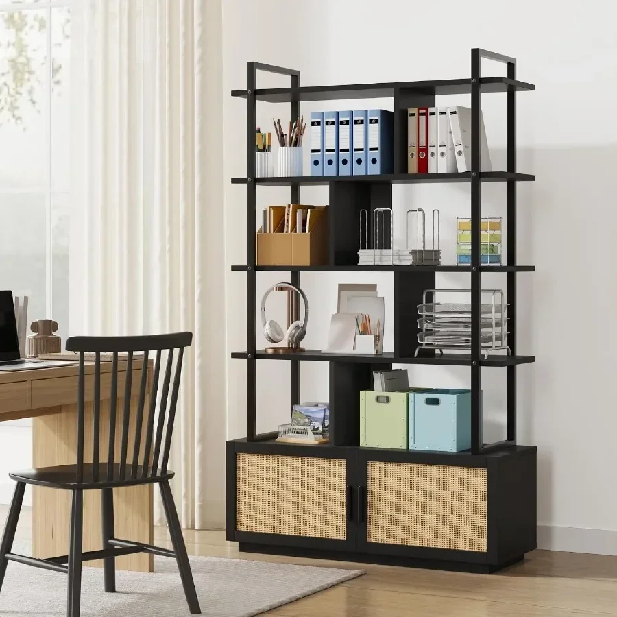 5-Tier Rattan Bookshelf with Storage Cabinet Door 71.1-Inch Tall Industrial Bookcase for Living Room Black Metal Frame Woven Ra - view 5