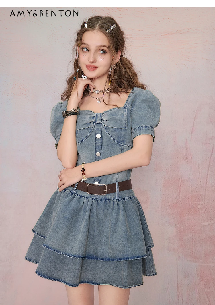 

Summer New American Retro Street Denim Dress for Women Hot Girl Y2K A-line Dresses Sweet Bow Puff Sleeve Slim Sexy Mini Dress