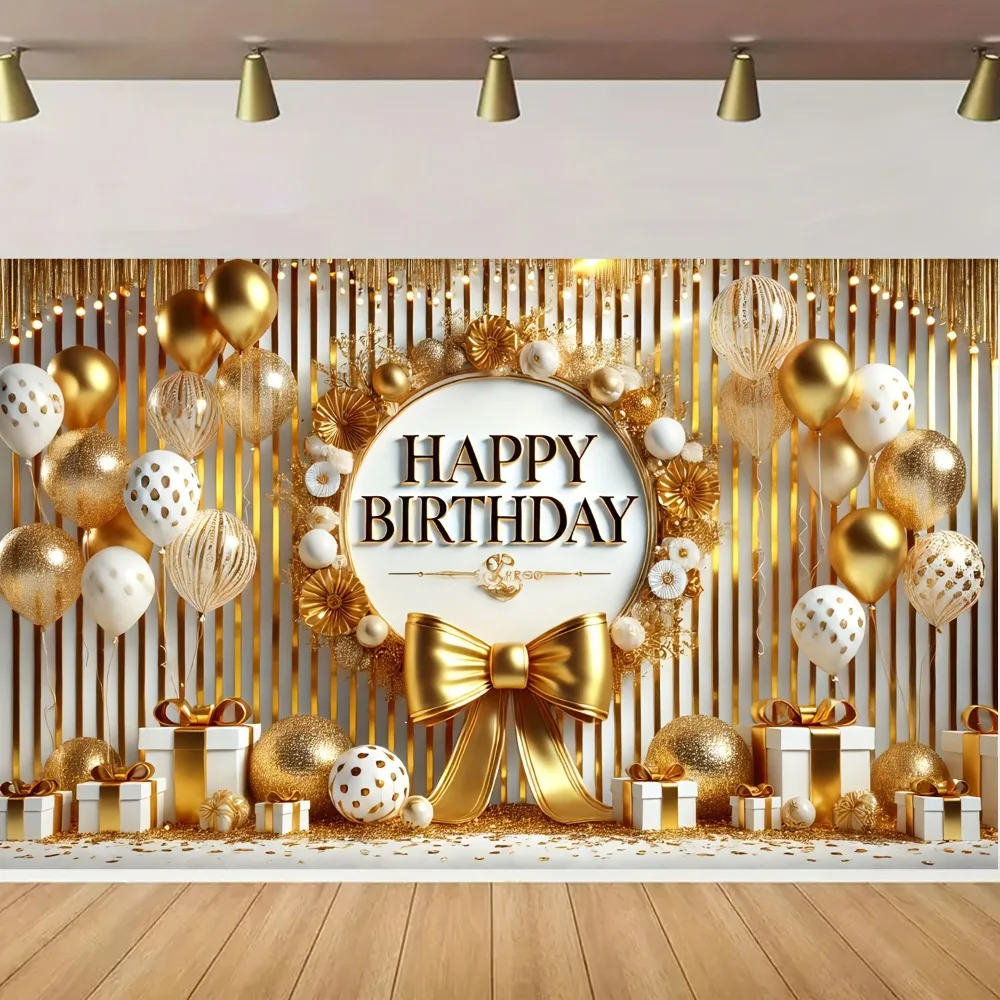 Happy Birthday Banner – Goldfarbenes Ballon- und Schleifenbanner, Polyester, perfekt für Partydekorationen, Foto-Requisiten und Feiern