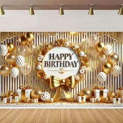 Happy Birthday Banner - Gold balloon and bow banner, polyester, perfect for party decorations, photo props and celebrations