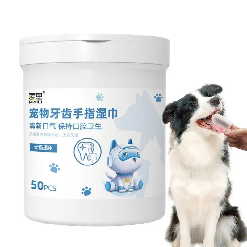 

50pcs Pet Teeth Cleaning Disposable Finger Cot Wet Wipes Remove Tartar Cochlear Cleaning For Dogs Cats Oral Care Finger Cover