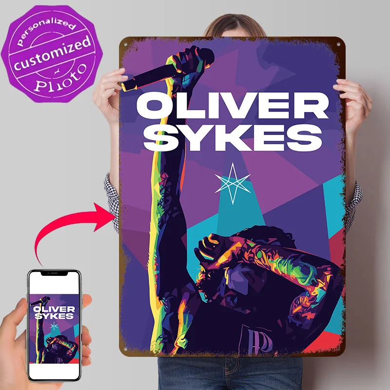 Oliver Sykes Performing With Microphone Personalized 3D Textured Metal Poster Wall Art Tinplate Sign for Room Decoration Cozy
