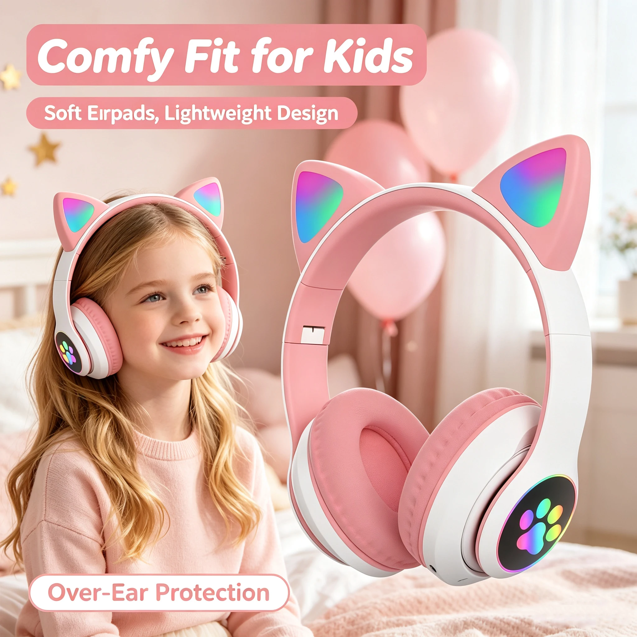 Cat Ear Bluetooth Headset Led - Headphone Bluetooth Nirkabel yang Dapat Dilipat,