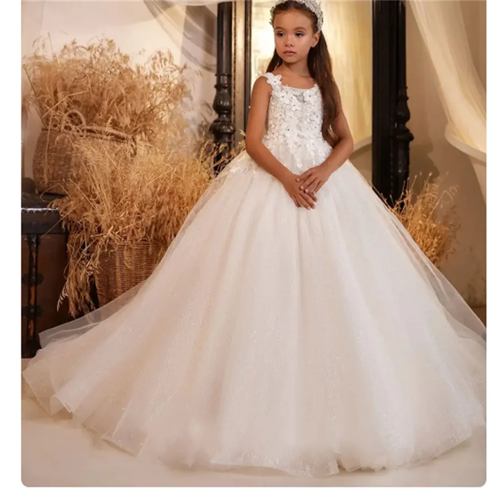 Flower Girl Dress Elegant White Appliques Lace Princess Kids Wedding Birthday First Communion Party Gown