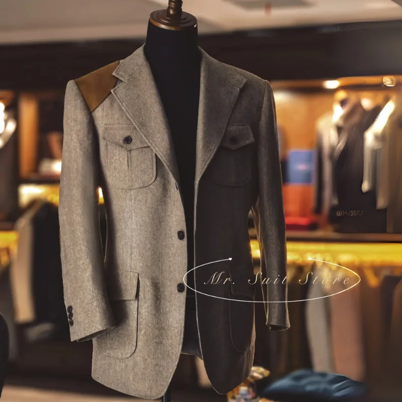 

Hunting Jacket British Men's Coat With Straps Business Warm Commuting Retro Multi-pocket Herringbone Lapel Suit jacket